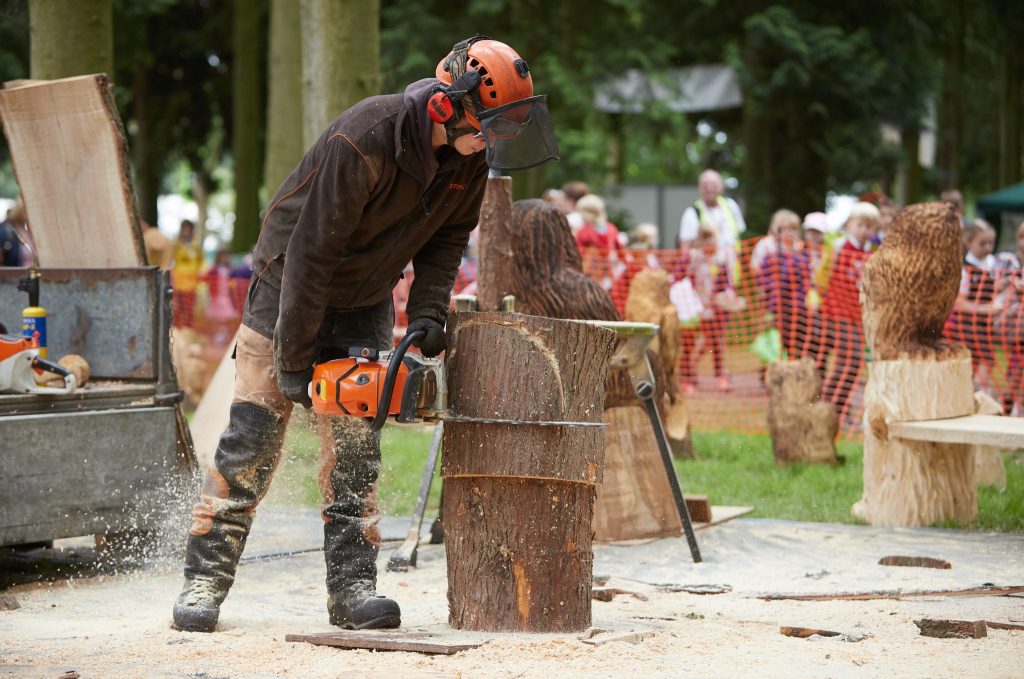 Man using chainsaw to cut tree at agriculture family event
