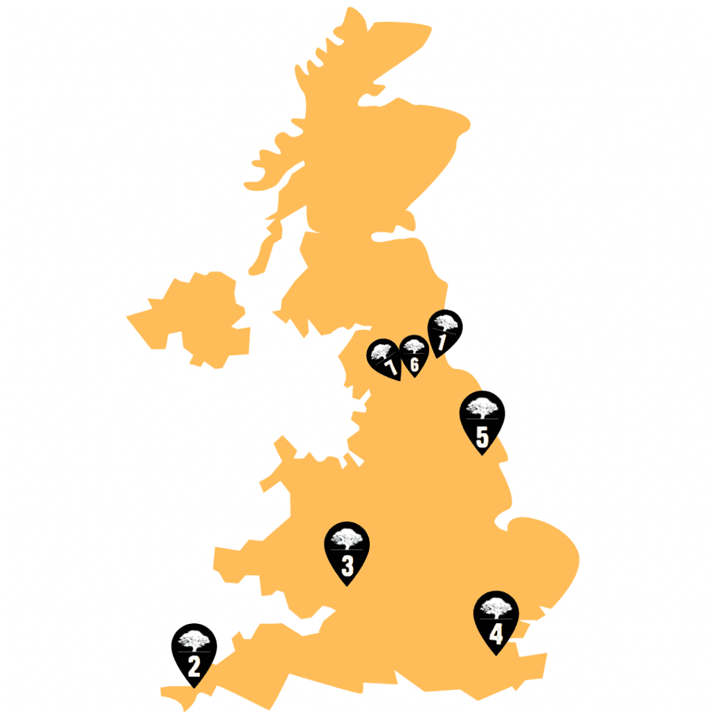 Orange coloured Great Britain with black location pins showing visiting locations. 