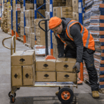 Warehouse operative loading goods onto Hand Truck Trolley Cart