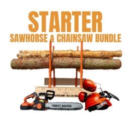 bulk log sawhorse, chainsaw, mesh helmet