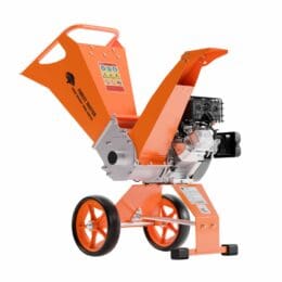 8hp compact heavy-duty wood chipper with twin blades, mulcher kit, and rotating chute design