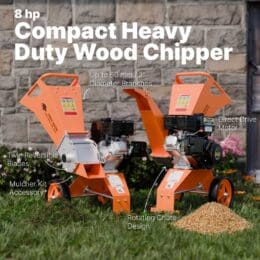 8hp compact heavy-duty wood chipper with twin blades, mulcher kit, and rotating chute design